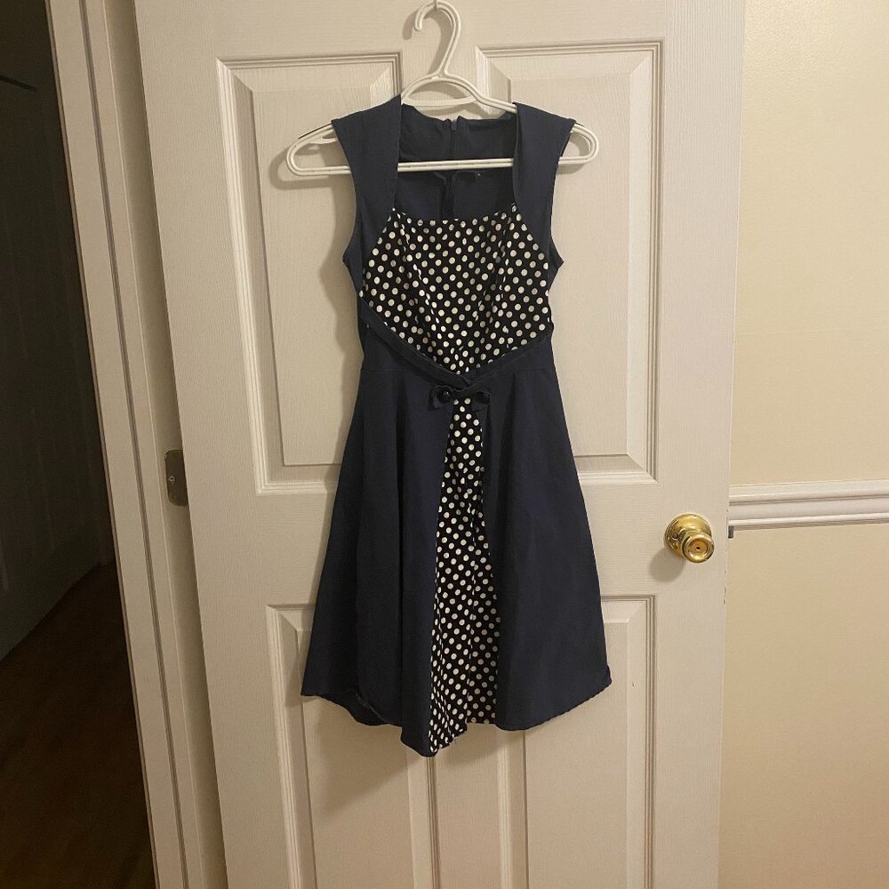 Dark Blue Polka Dot Midi Dress Fit and Flare with Square Neckline Size S